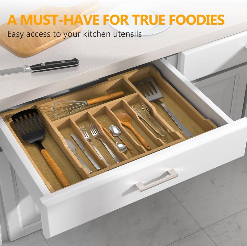 FoverOne Bamboo Kitchen Drawer Organizer, 13" to 23" Expandable Utensils Organizer and Cutlery Tray Holder, Drawer Divider for Silverware, Flatware - Image 5